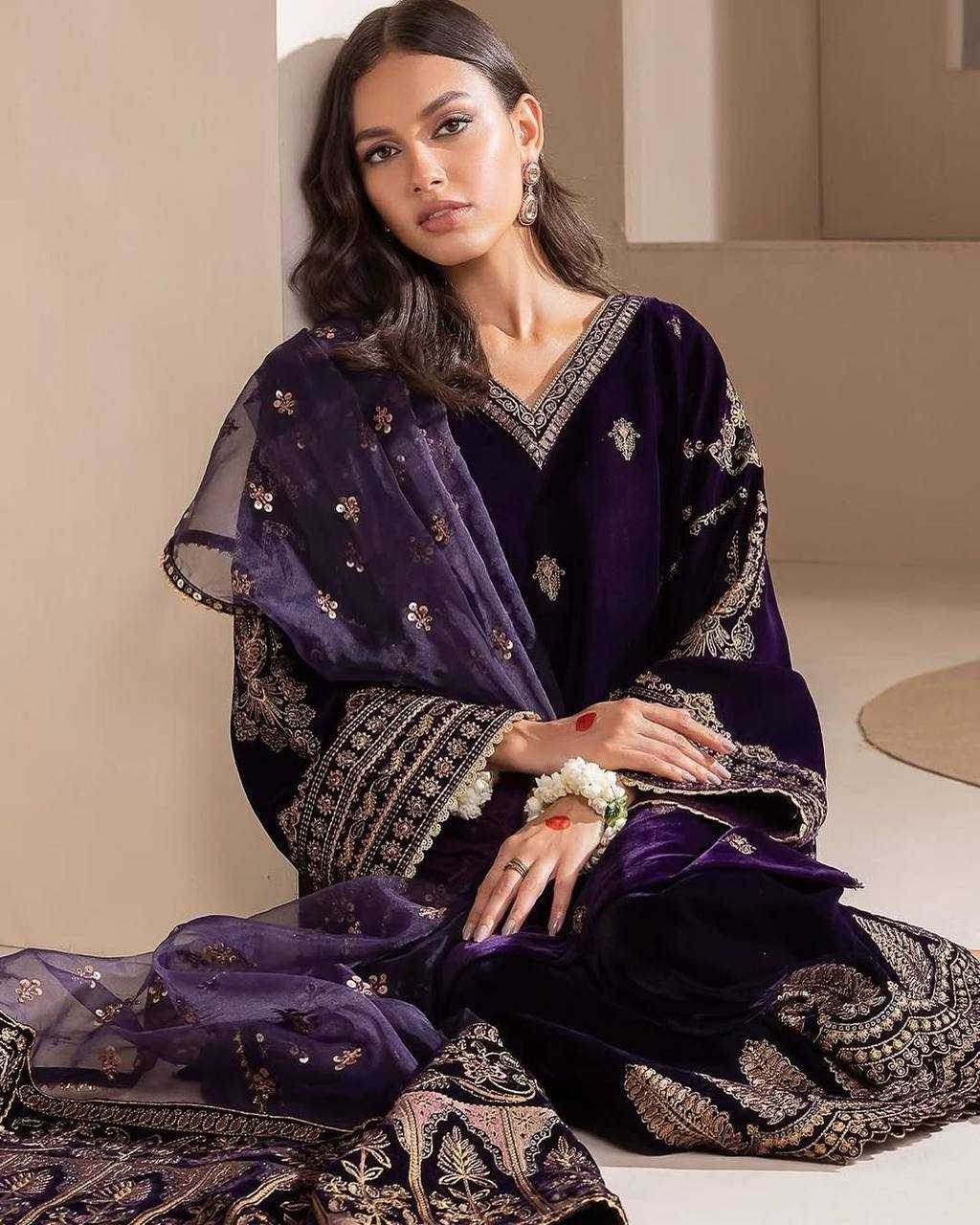 BLUE EMBROIDERED PARTY WEAR VELVET SUIT - MYLUXURY LANE ENTERPRISE